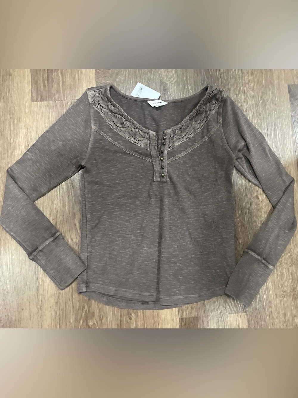 Lucky Brand Women's Brown Lace-Trim Ribbed Long Sleeve Tee